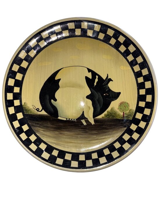 Unbranded Other - Decorative Ceramic Plate With Black Pig Design & Checkered Border 10” Diameter